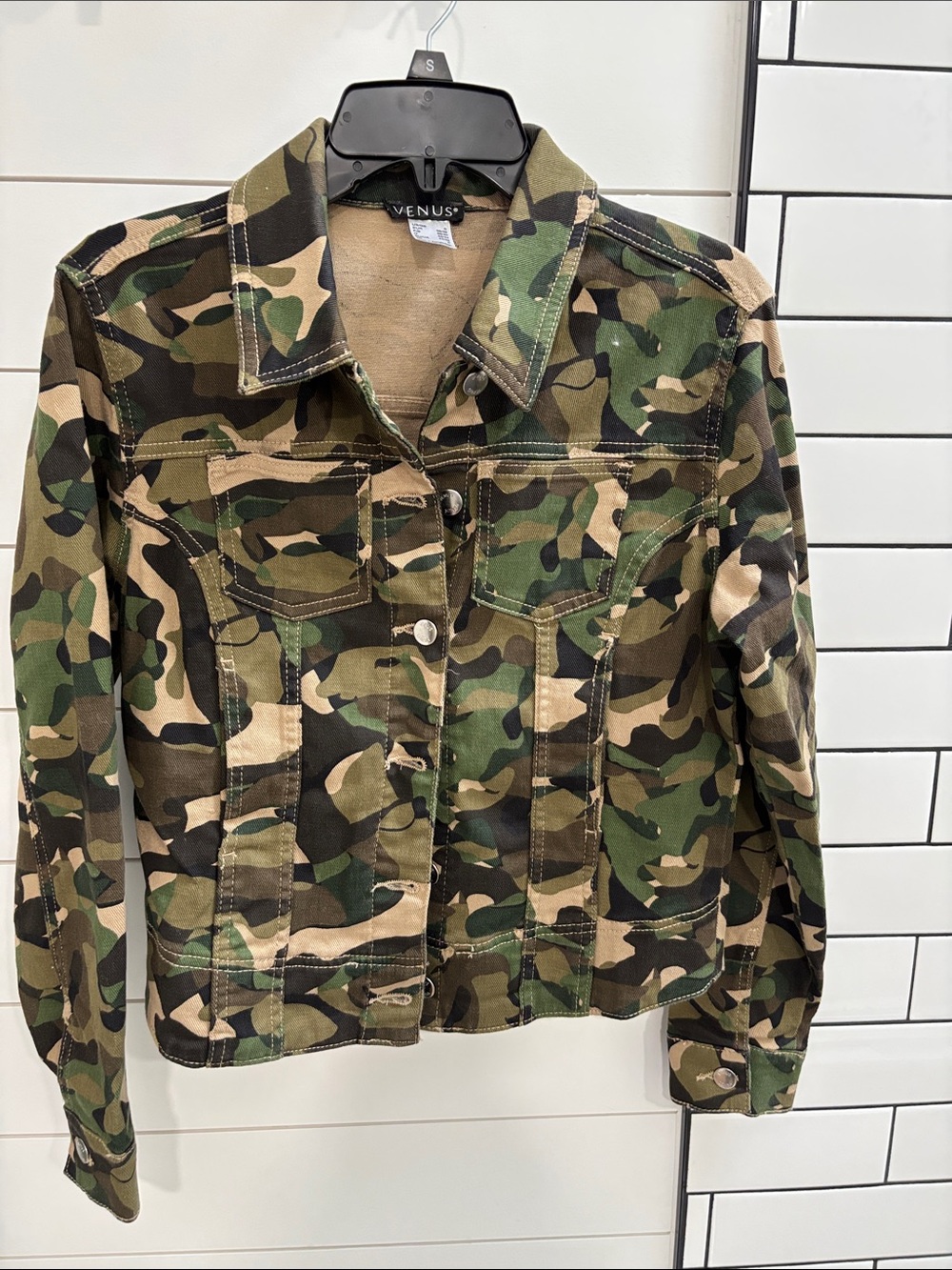 VENUS Camo Denim Jacket in Green, Tan and Black